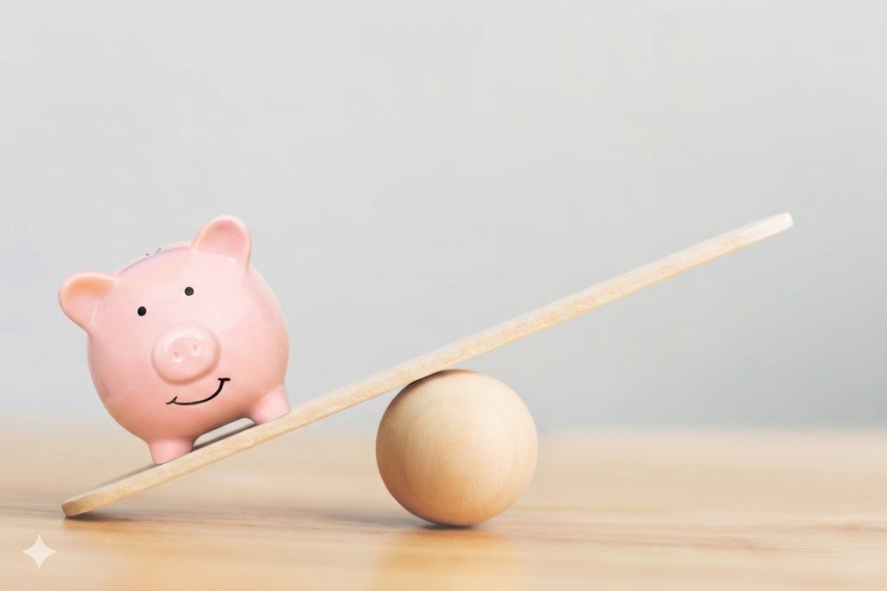 Spaarvarken uit balans op een wip, symbool voor financiële onrust